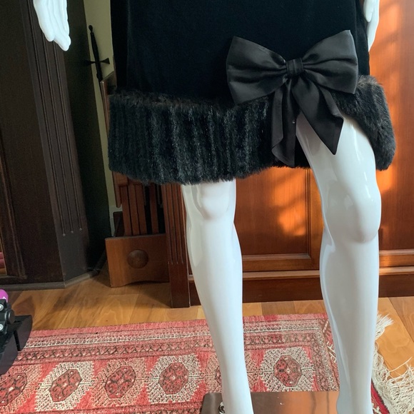 Black coton velvet mini prom party Dress fur boat neck fur hemline big satin bow - Picture 10 of 16